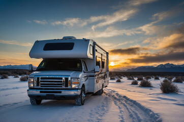 Wintercamping RV. A camping trailer in the the mountains. Camping in the snow Campingcar in the snow.