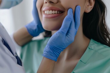 Close-up of doctor examining woman's face, focusing on skin and facial health. Medical professional wearing gloves. Concept of dermatology checkup and skincare. Generative AI