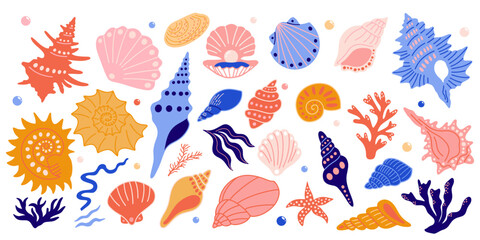 Cartoon seashells, seaweed, algae, mollusks, corals vector illustration element set for design. Different types of exotic underwater ocean sea beach shells, marine, aquatic nautical sticker collection