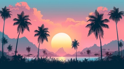 Vibrant Sunset Over a Tropical Lagoon With Silhouetted Palm Trees