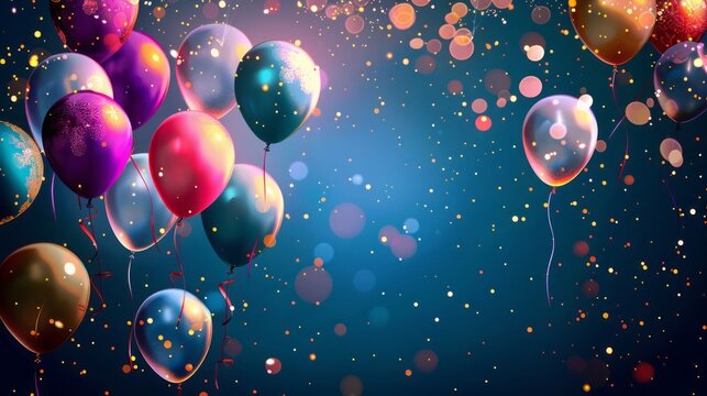 Festive background with colorful balloons and confetti for birthday celebrations, ideal for party invitations, social media posts, and event decorations