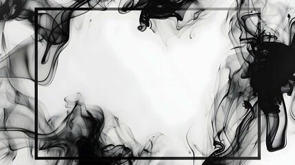 Dark smoky abstract shapes form a rectangular frame on a white background creating a mysterious and artistic border
