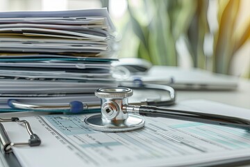 Stethoscope on stacked medical files and documents, symbolizing healthcare, medicine, and patient records organization.