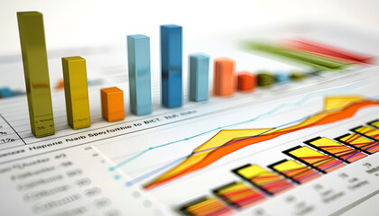 Preparing report. Blue graphs and charts. Business reports and pile of documents on gray reflection background.