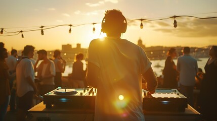 DJ Mixing Music on a Rooftop During a Festive Outdoor Summer Party with a Crowd Enjoying the Sunset. Summer and Outdoor Event Concept.