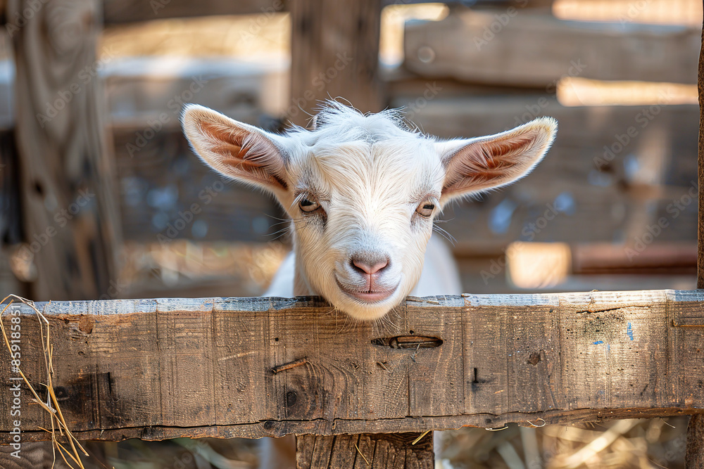 Wall mural adorable white baby goat peeking over a wooden fence, curious and playful expression. farm animals. 