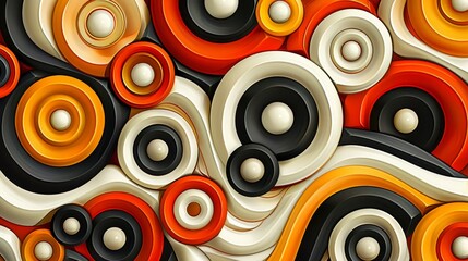 Abstract Geometric Pattern With Interlocking Circles and Wavy Lines in Orange, Black, and White
