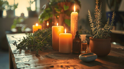 Aromatherapy session with candles and essential oils