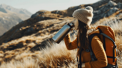 Person drinking water from stainless steel bottle while hiking