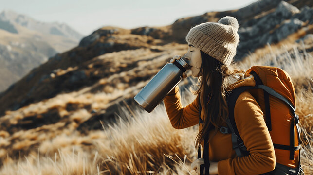Person drinking water from stainless steel bottle while hiking