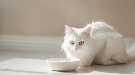 Elegant white cat near food dish on neutral backdrop idea of pet care Areas for text