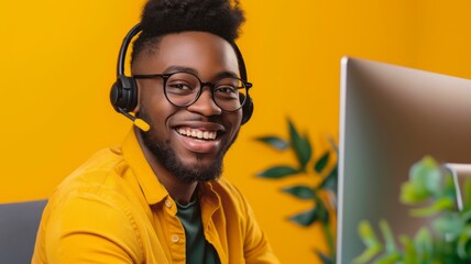 A cheerful call center agent in a bright office