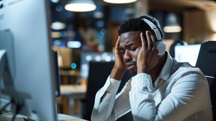 Anxious call center agent under pressure