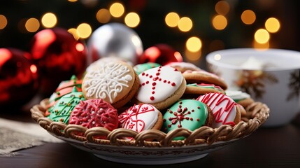 Obraz premium Festive holiday cookies with colorful icing, perfect for Christmas celebrations, on a wicker plate with Christmas lights in the background.