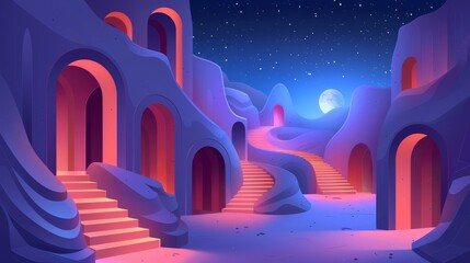 Nighttime View of Illuminated Arches and Stairs Leading Upwards in a Surreal Landscape