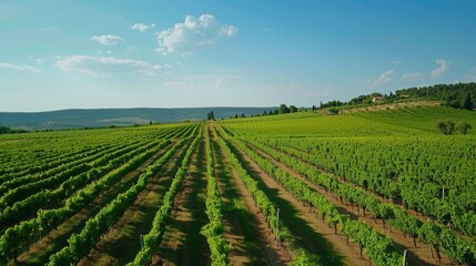 Lush vineyards with carefully tended rows of vines stretching into the distance.