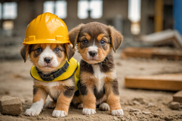 Greater Swiss mountain dog puppies at work in a construction zone.