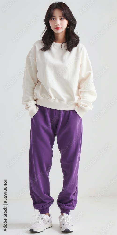 Wall mural A full-length photo of a mixed-race Korean woman standing in front of a white background, smiling, wearing a white sweater, purple jogging pants, and white sneakers,