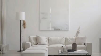 A stylish and serene living room design with a white canvas backdrop, Thoughtfully arranged minimalist furniture, Minimalist contemporary style
