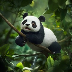 Obraz premium A panda lying on a branch.
