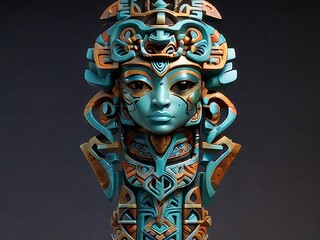 Sculpt a holographic representation of a tribal totem pole, abstracted into intricate geometric forms and patterns that convey its symbolic carvings and cultural significance.