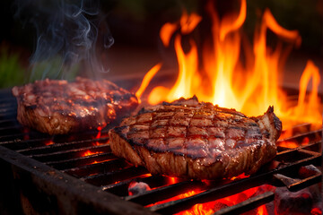 Grilled pork or beef steaks on black background barbecue grilled