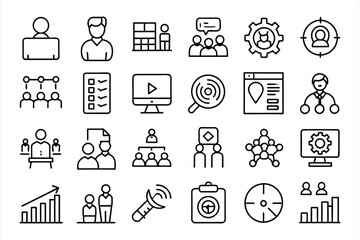 Action plan icon set. Containing planning, schedule, strategy, analysis, tasks, goal, collaboration and objective icons. editable stroke outline icons set.
