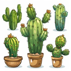 Fototapeta premium Cartoon Vector Illustration of Six Different Cactus Plants