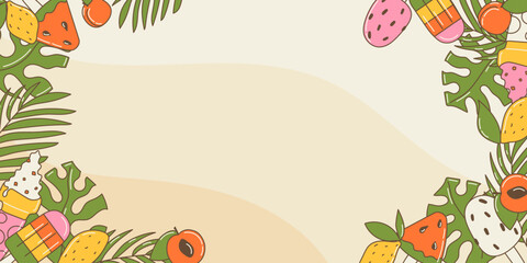 Cute horizontal banner with summer vacation elements, fruits, ice cream, leaves around, cartoon groovy style