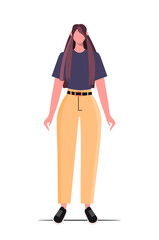  Young cute woman in casual clothes. Female character wearing trendy outfit, yellow pants and dark blue t-shirt. Flat vector illustration. Not AI generated