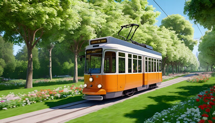 Naklejka premium A modern tram gliding through a lush green park, with vibrant trees and blooming flowers in the background, capturing the harmony between urban transportation and nature.