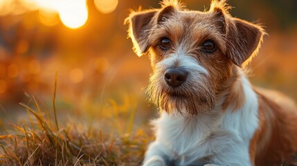 A detailed photo capturing a dog with white and brown fur laying on the grass during the golden hour, with warm sunlight creating a serene backdrop.