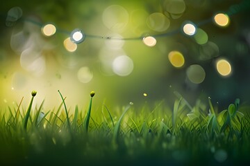 Obraz premium Spring background - abstract banner - green blurred bokeh lights - Generative AI 