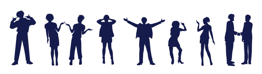 Silhouettes of African American emotional people - men and women, standing, talking emotionally, gesturing, joy, handshake, front view, profile. Vector set of drawings isolated on a white background.
