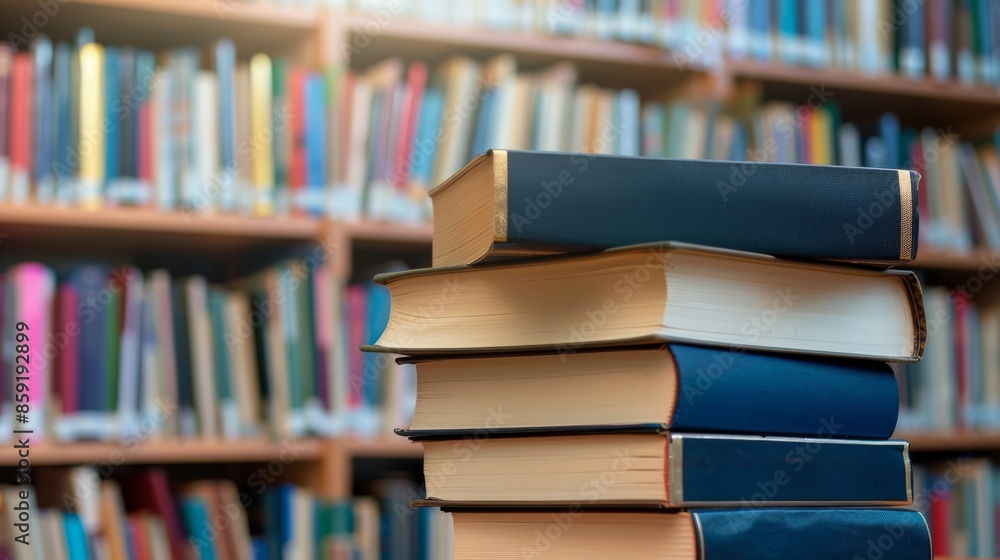 Poster stack of books in a library setting