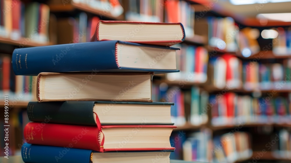 Poster stack of books in a library setting