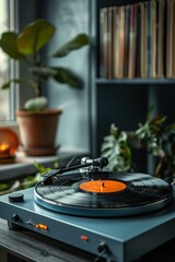 A cozy room with a vintage vinyl record player and houseplants, exuding a nostalgic and calming atmosphere by the window.