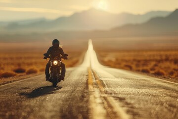 A motorcyclist rides through a scenic desert highway at sunset, with mountains in the background and a long road ahead.