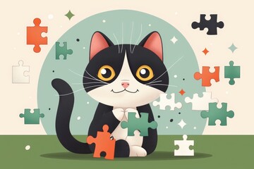Cute cat is holding a puzzle piece. The cat is sitting on a green table. The background is white.