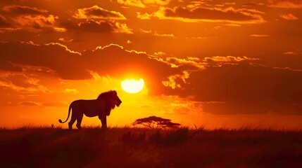 African landscape at sunset with silhouette of a big adult lion. 
