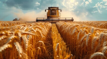 A combine machine is harvesting a golden wheat field under a partly cloudy sky, signifying the abundance of crops and the efficiency of modern agricultural practices.