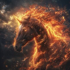 A horse with a fiery mane is running through a dark sky