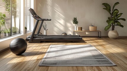 Modern Home Gym - Light wood flooring, a sleek black treadmill, minimal workout accessories, and a small indoor plant