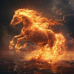 A horse with a fiery mane is running through a dark sky