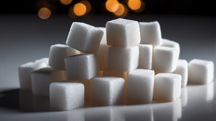 Fototapeta premium bunch of sugar cubes on white table and plain background with dramatic lighting