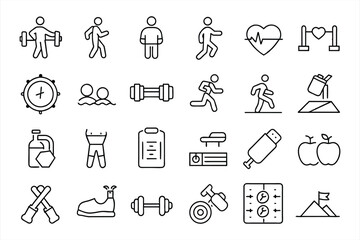 Collection of vector line icons of sport. Icons of active lifestyle, hobbies, sports equipment and clothing. Set of flat signs and symbols for web and apps.
