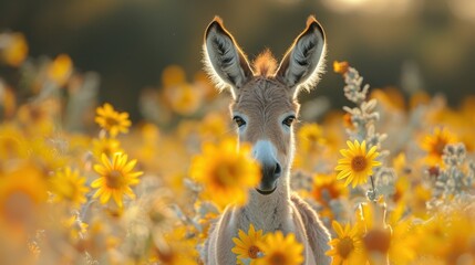 A curious donkey is captured peeking through a vibrant field of yellow daisies, its eyes filled with wonder and innocence, creating a heartwarming and picturesque scene.