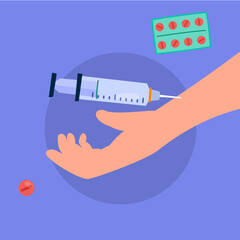 Hand with syringe and pills. Vector illustration in flat style.