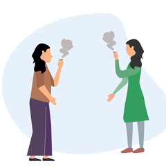 Two women smoking cigarettes. Vector illustration in flat style. 