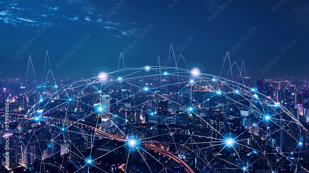 Poster modern city with wireless network connection and city scape concept,smart city and intelligent commu